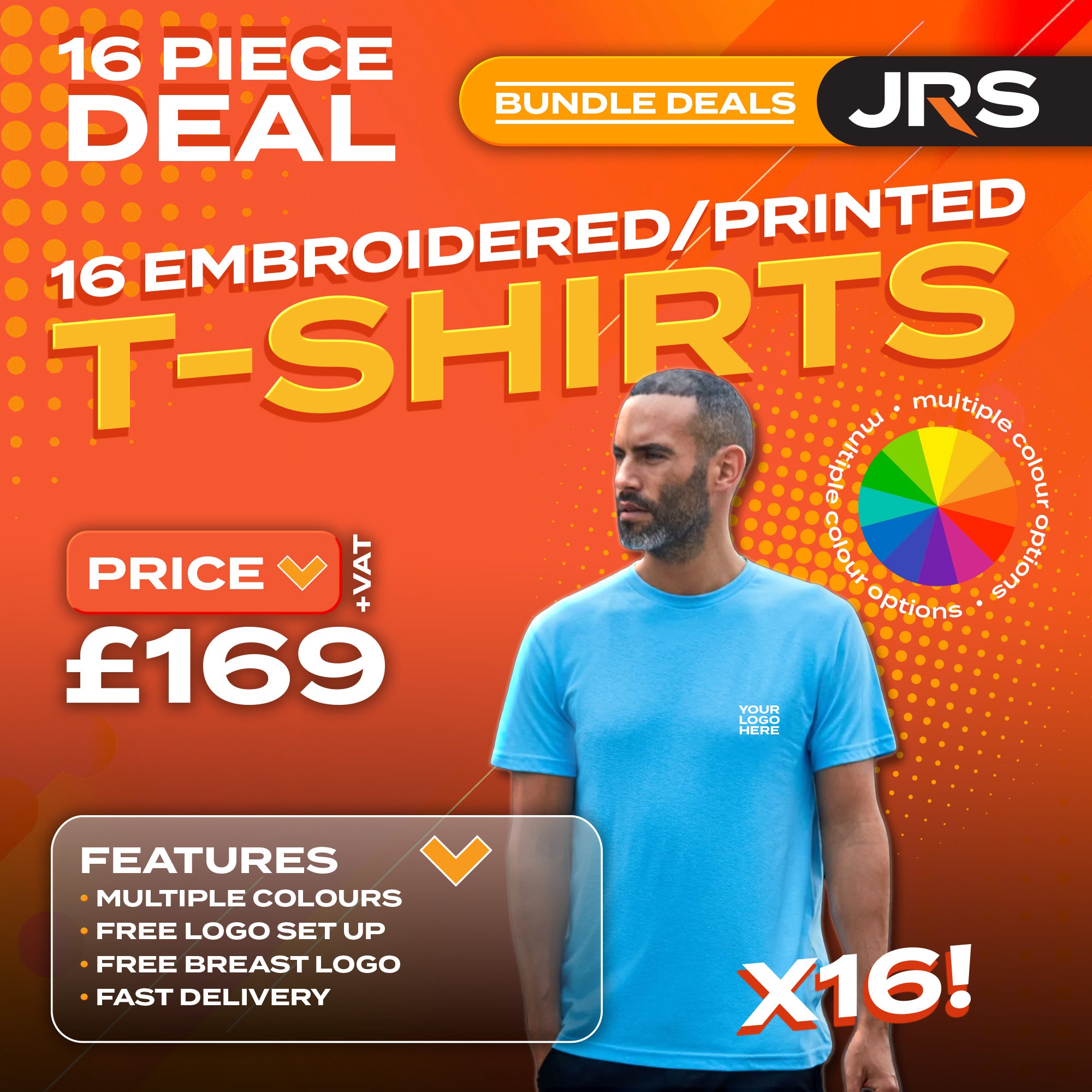 16 Personalised Embroidered/Printed Work T-Shirts with Free Logo