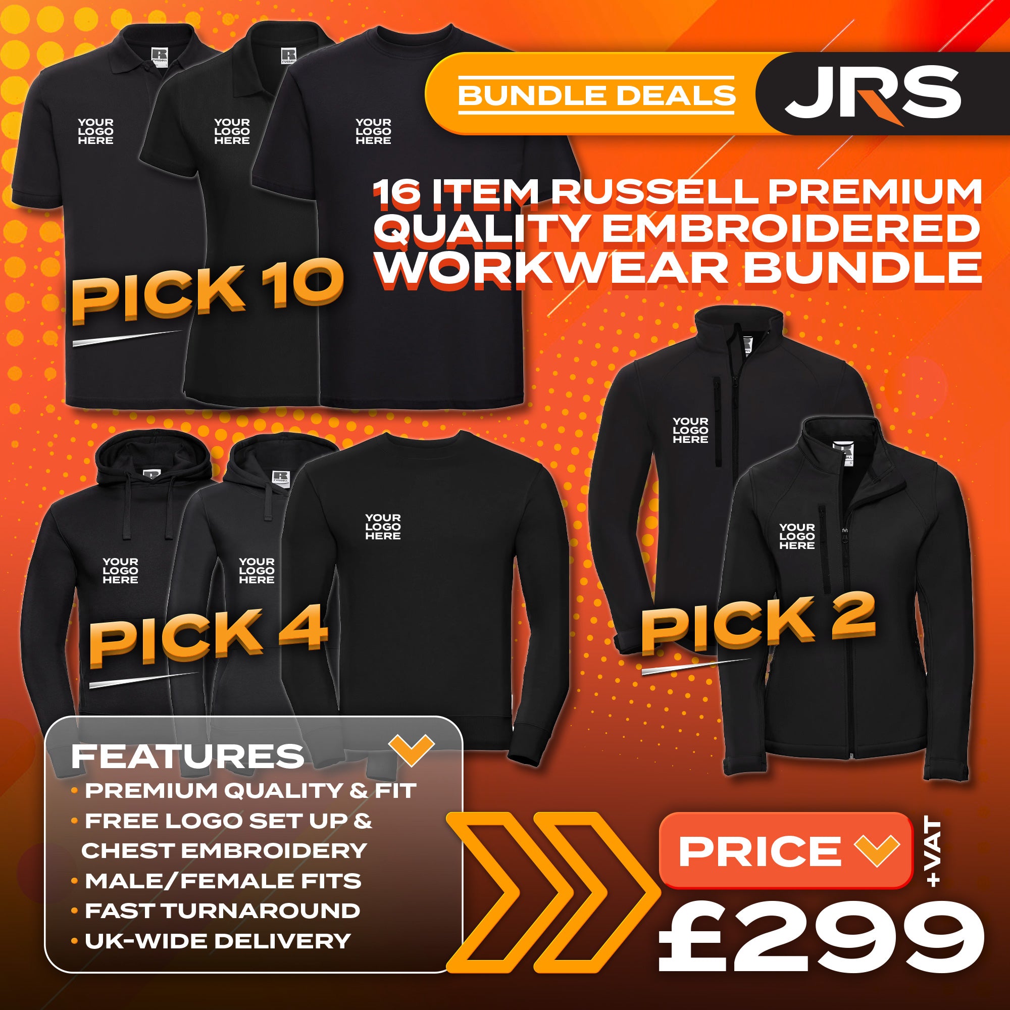 16 Item Russell Premium Quality Embroidered Workwear Bundle with Free Logo