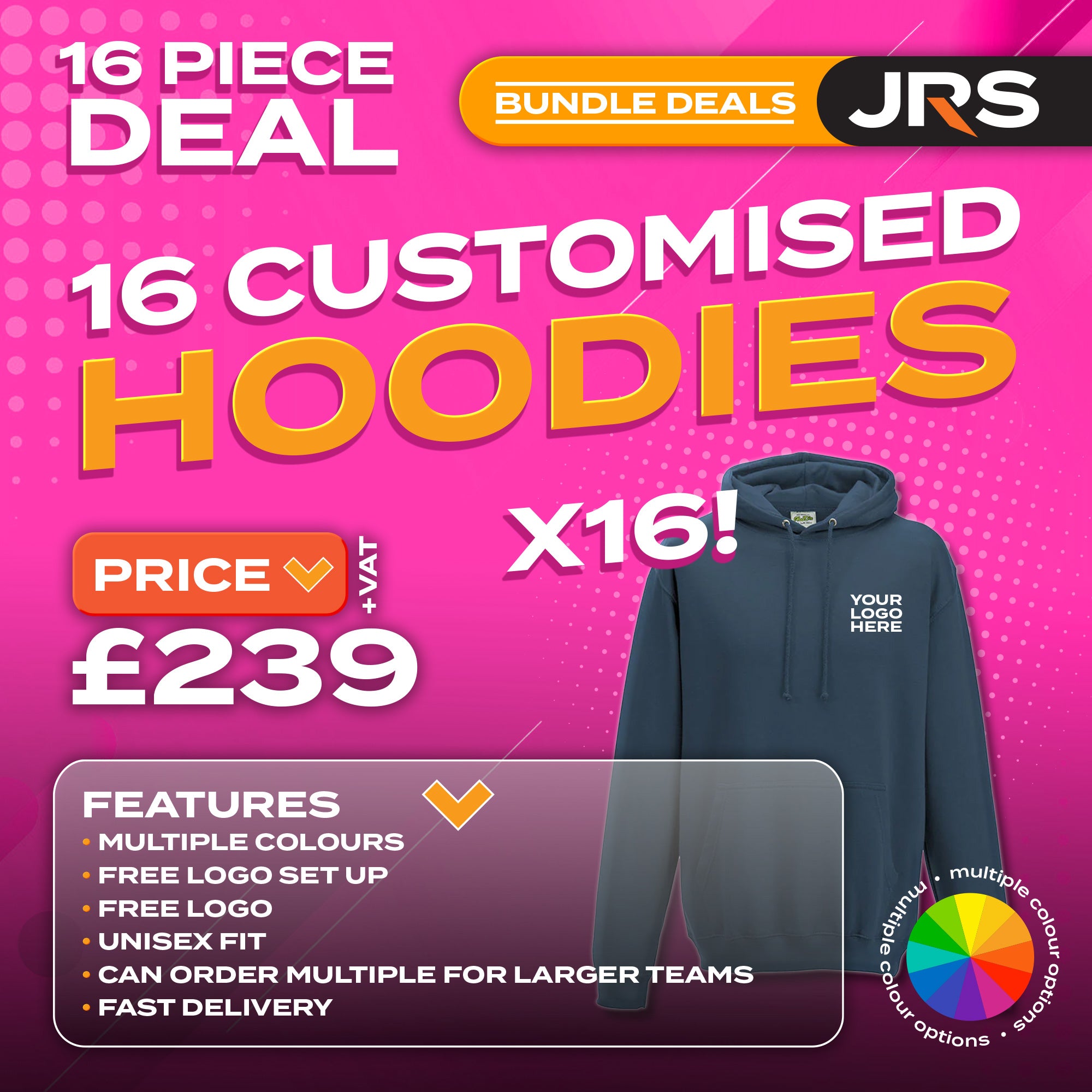 16x Personalised Embroidered/Printed Hoodies with Free Logo