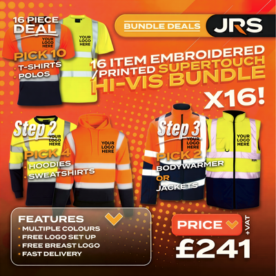 16 Item Embroidered/Printed Hi-Vis Workwear Bundle - Supertouch Polos, T-Shirts, Hoodies & Bodywarmers