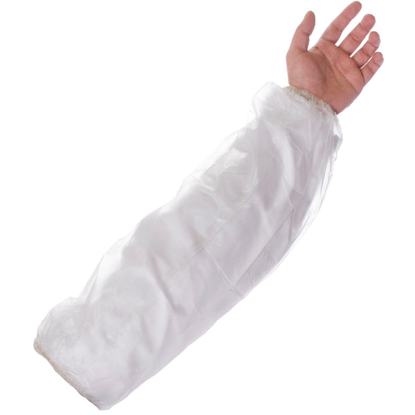 White Supertouch PVC oversleeves, disposable with elastic ends for secure fit in hygiene-critical areas.