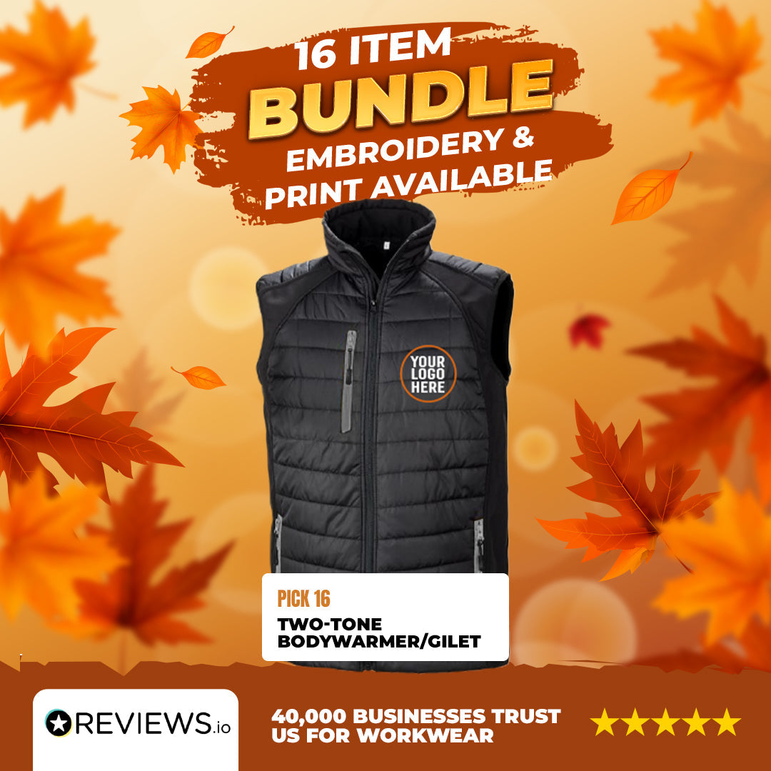 16x Embroidered Result Two-Tone Bodywarmer/Gilet with Company Logo