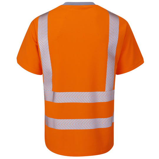 Model wearing the hi-vis orange Leo Workwear Larkstone Coolviz Plus T-shirt, showing its athletic fit.