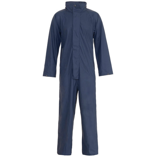 Supertouch Storm-Flexa-R PU Coverall in navy blue, waterproof, with hood and elasticated cuffs for maximum protection.