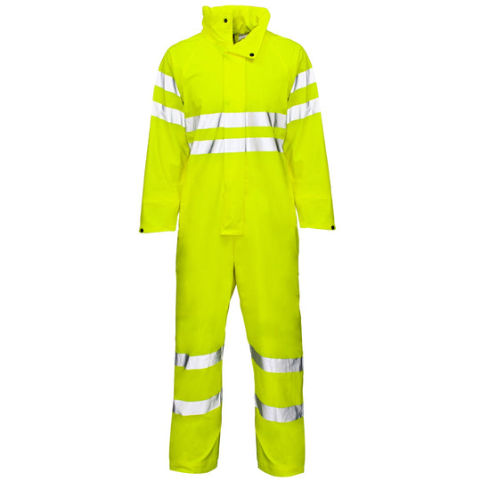 Supertouch Storm-Flexa-R PU Coverall in yellow, lightweight and waterproof, designed for full-body wet weather protection.