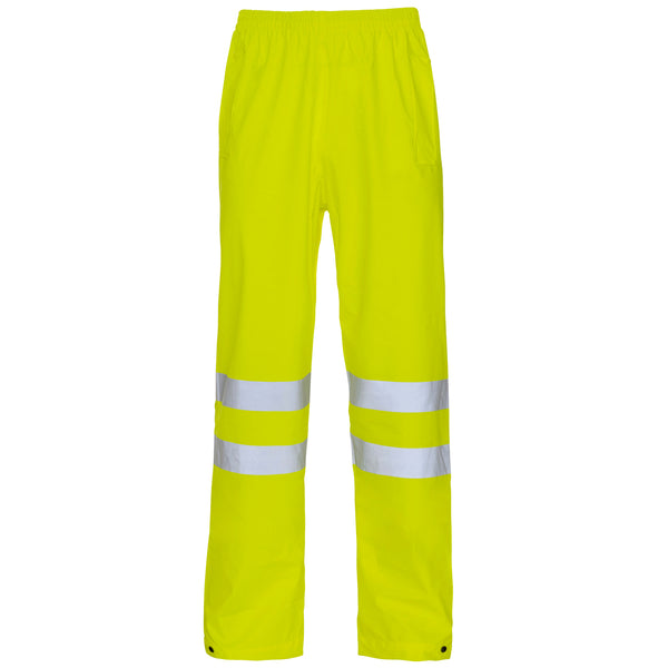 Hi-vis yellow Supertouch Storm-Flex PU waterproof trousers.
