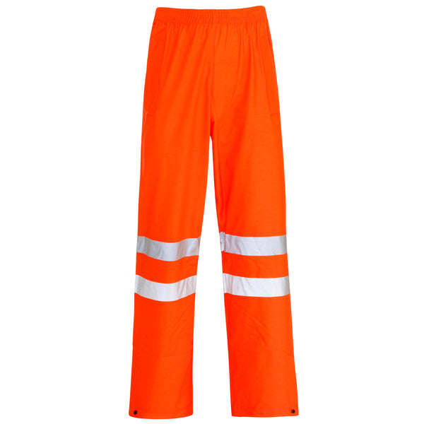 Hi-vis orange Supertouch Storm-Flex PU waterproof trousers.