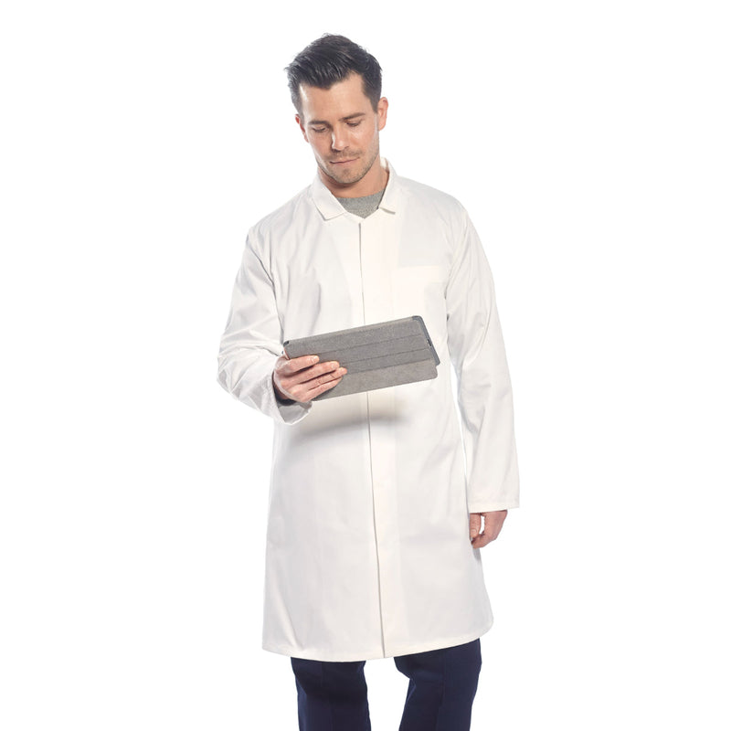 Model wearing the Portwest Men's Food Coat 2202 in a work environment.