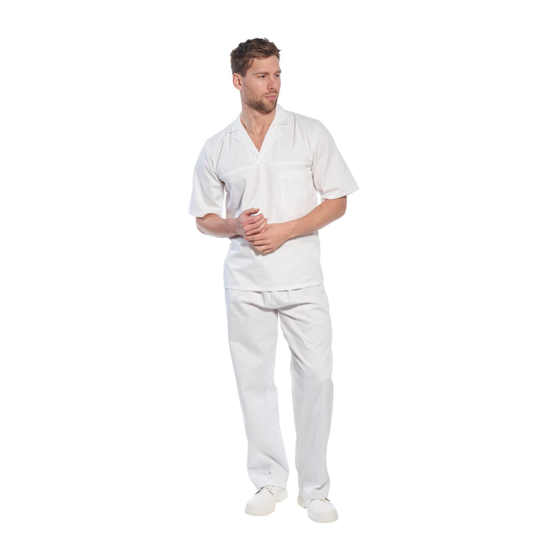 Baker wearing Portwest bakers trousers, back view.
