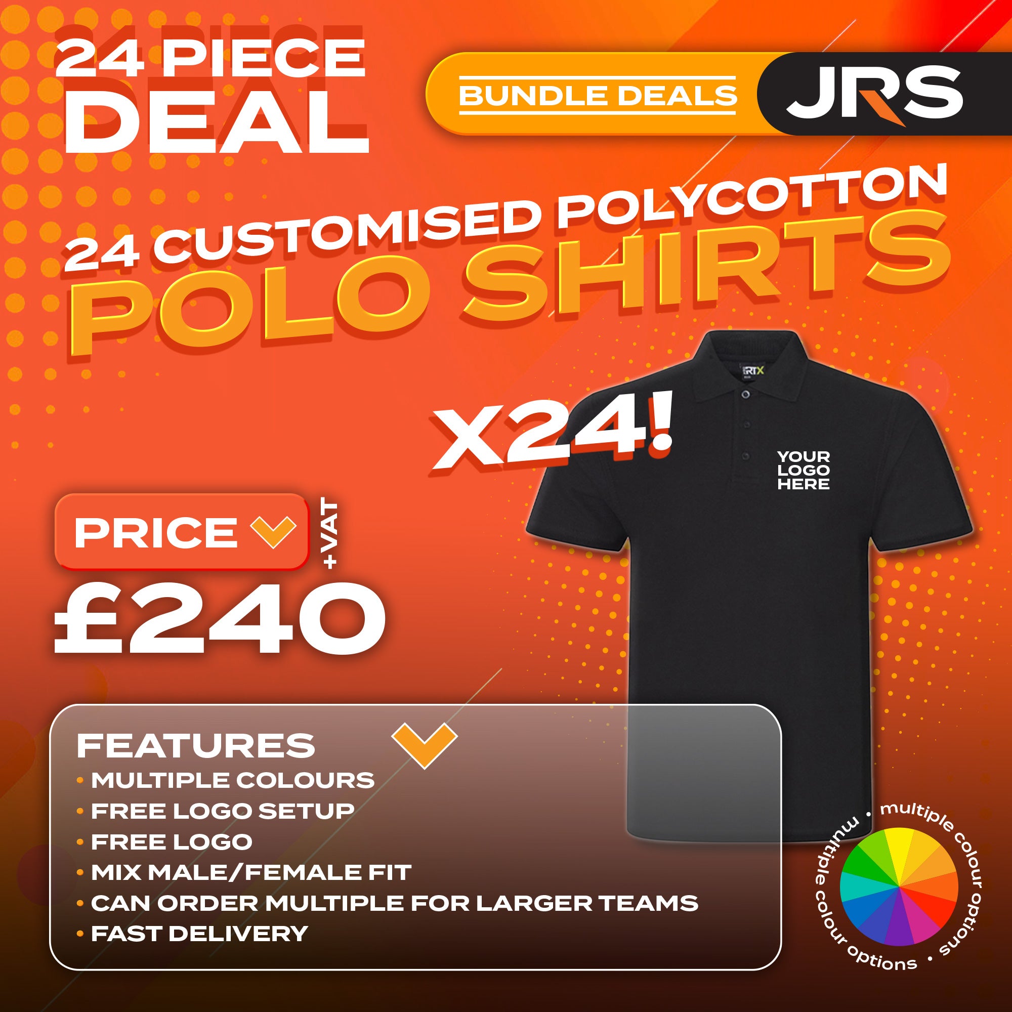 24x Personalised Embroidered/Printed Work Polo Shirts with Free Logo