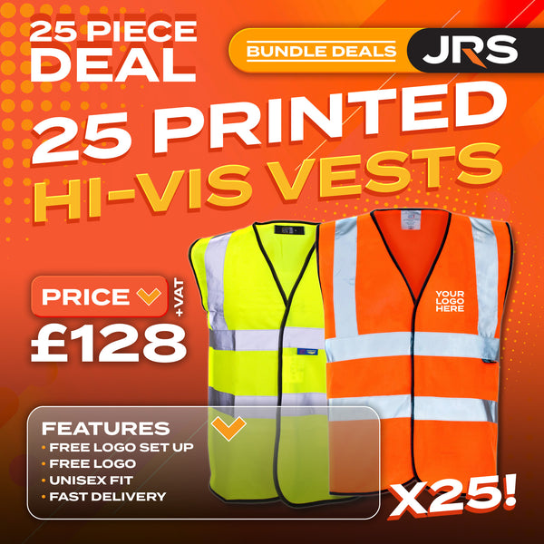A promotional image for a bundle of 25 best-value printed hi-vis vests.
