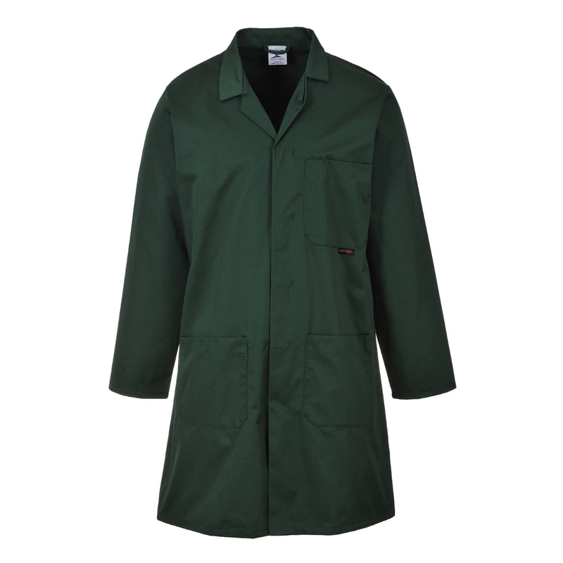 Portwest Lab Coat 2852 in bottle green. Front view.