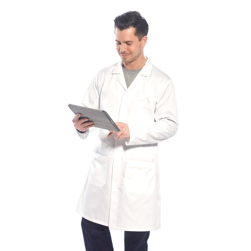 Side view of a person wearing the white Portwest Lab Coat 2852.