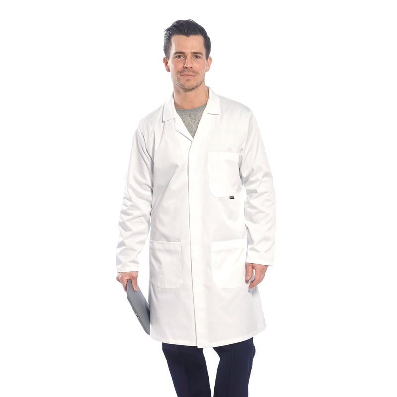 Back view of a person wearing the white Portwest Lab Coat 2852.