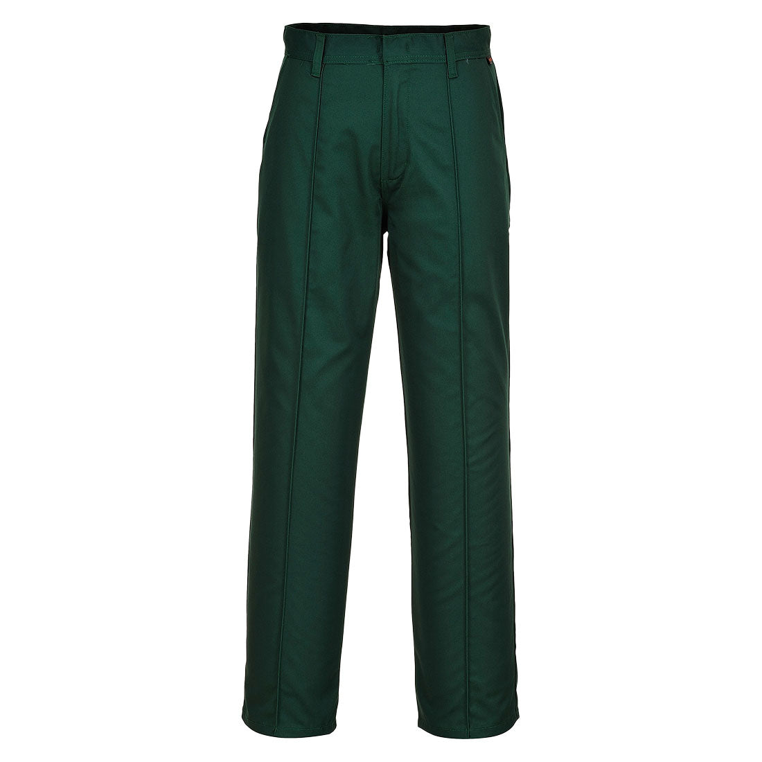 Dark green straight-leg work trousers with belt loops