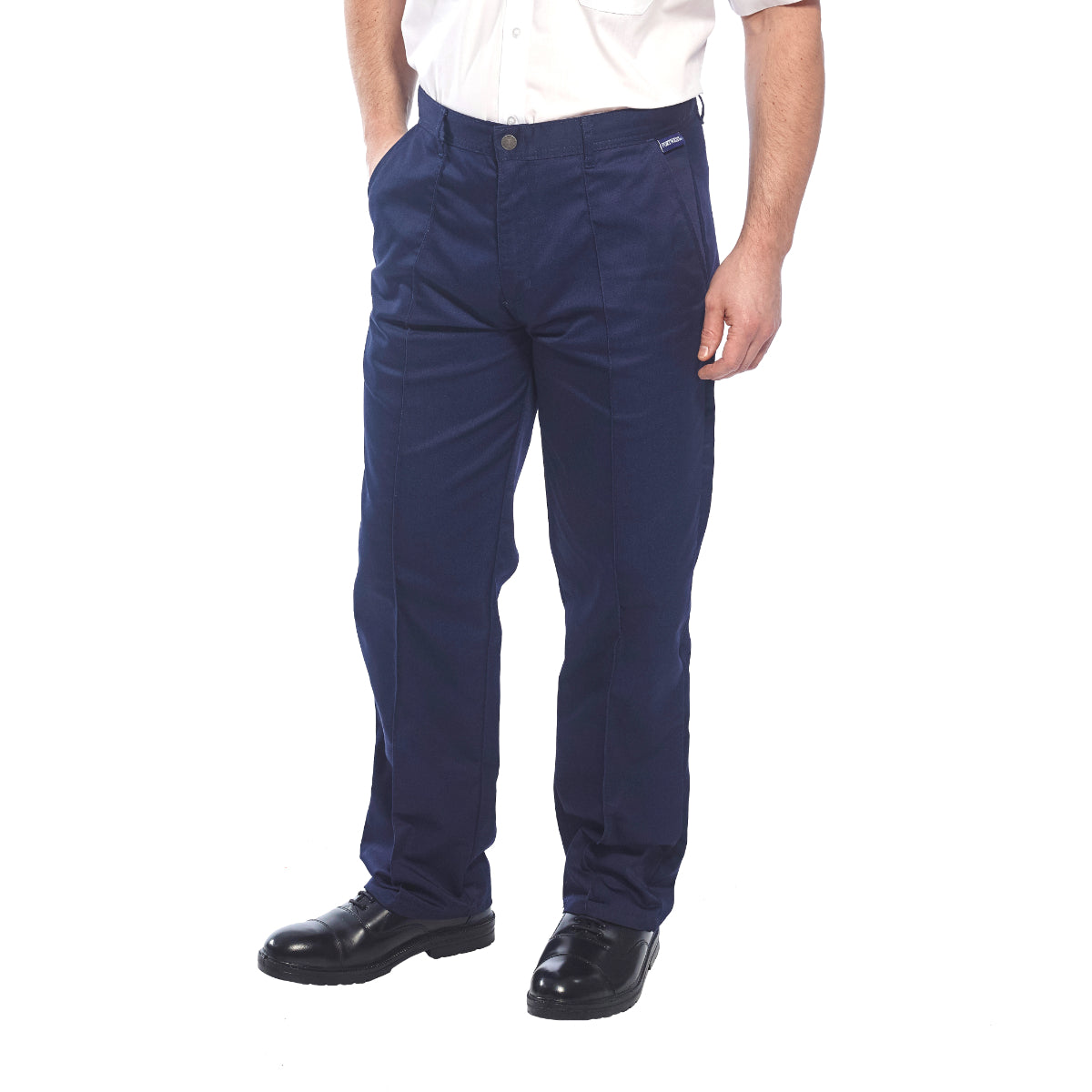 Man wearing navy blue straight-leg work trousers with side pockets