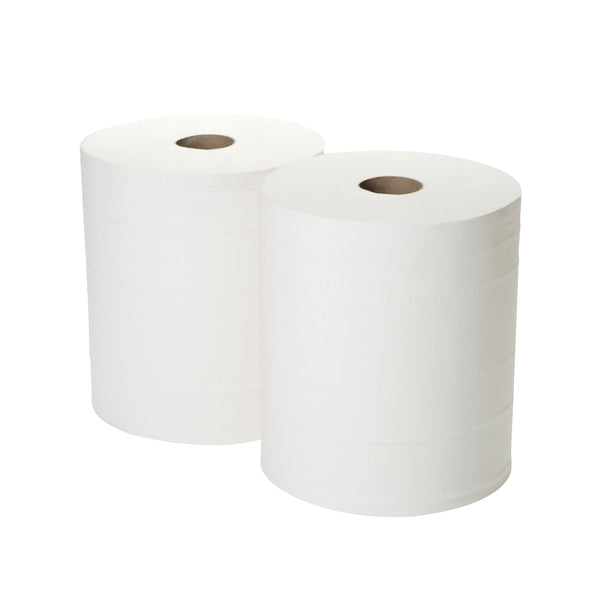 A pack of 2 white 2-ply 2Work forecourt rolls.