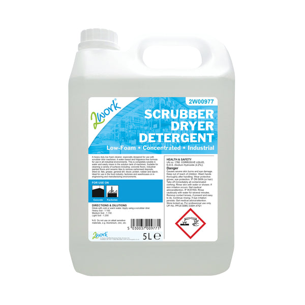 A 5-litre bottle of 2Work low foam scrubber dryer detergent.