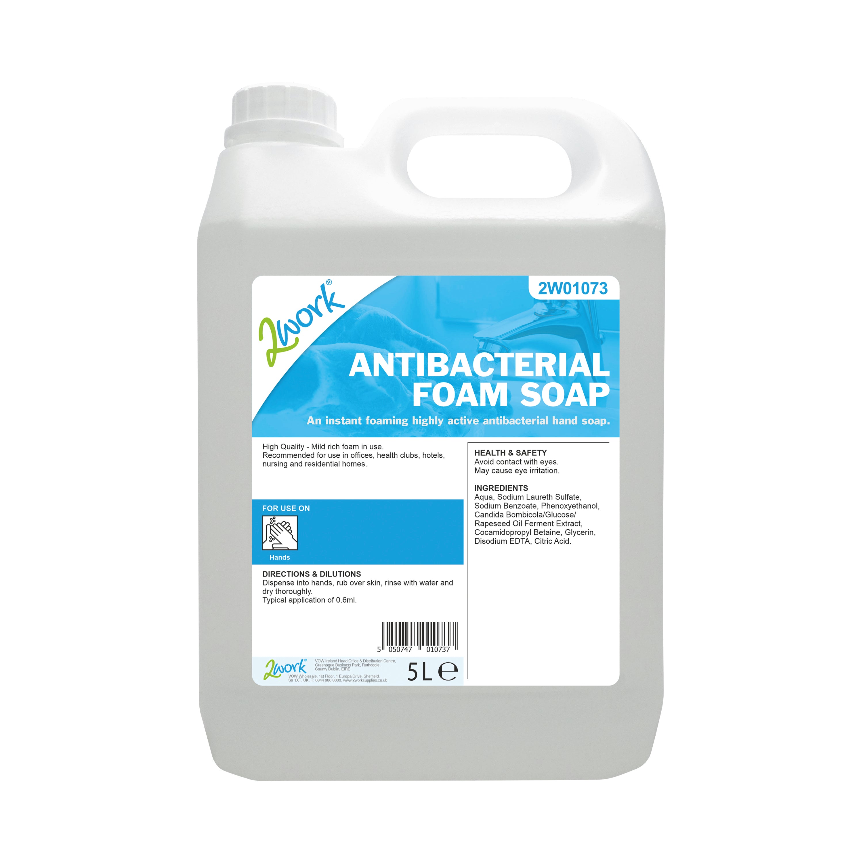 A 5-litre bottle of 2Work antibacterial foam soap.
