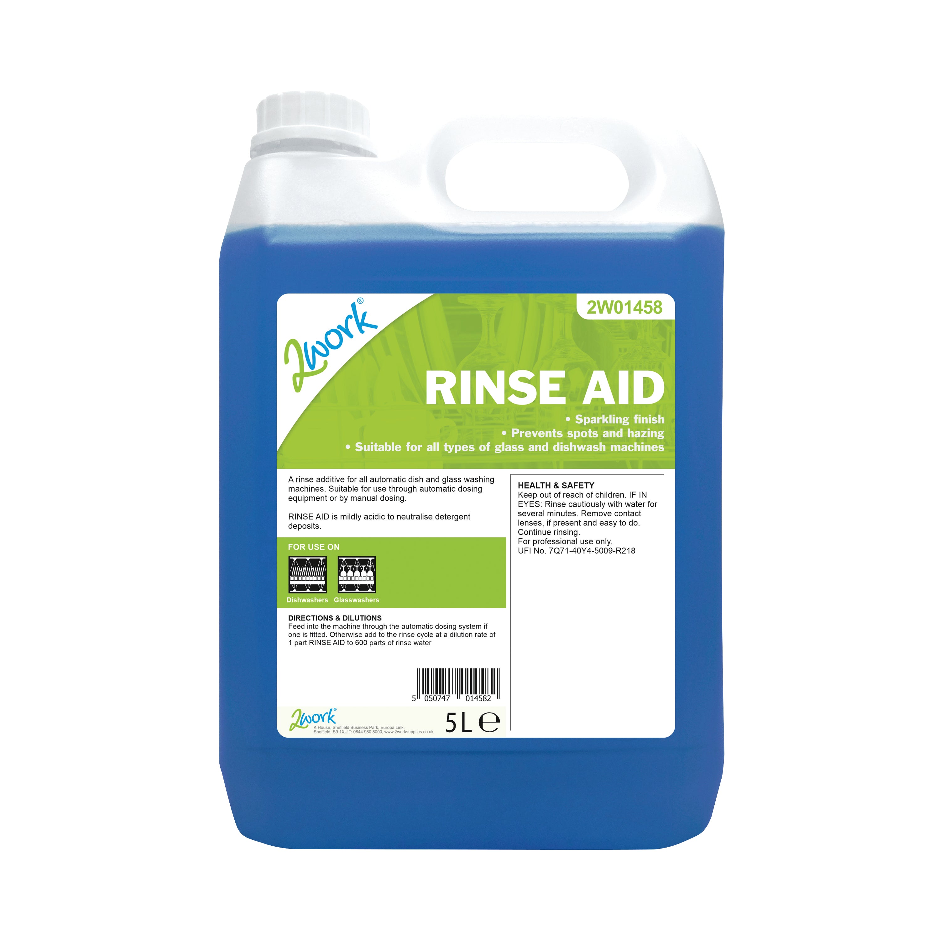 A 5-litre bottle of 2Work concentrated rinse aid additive.