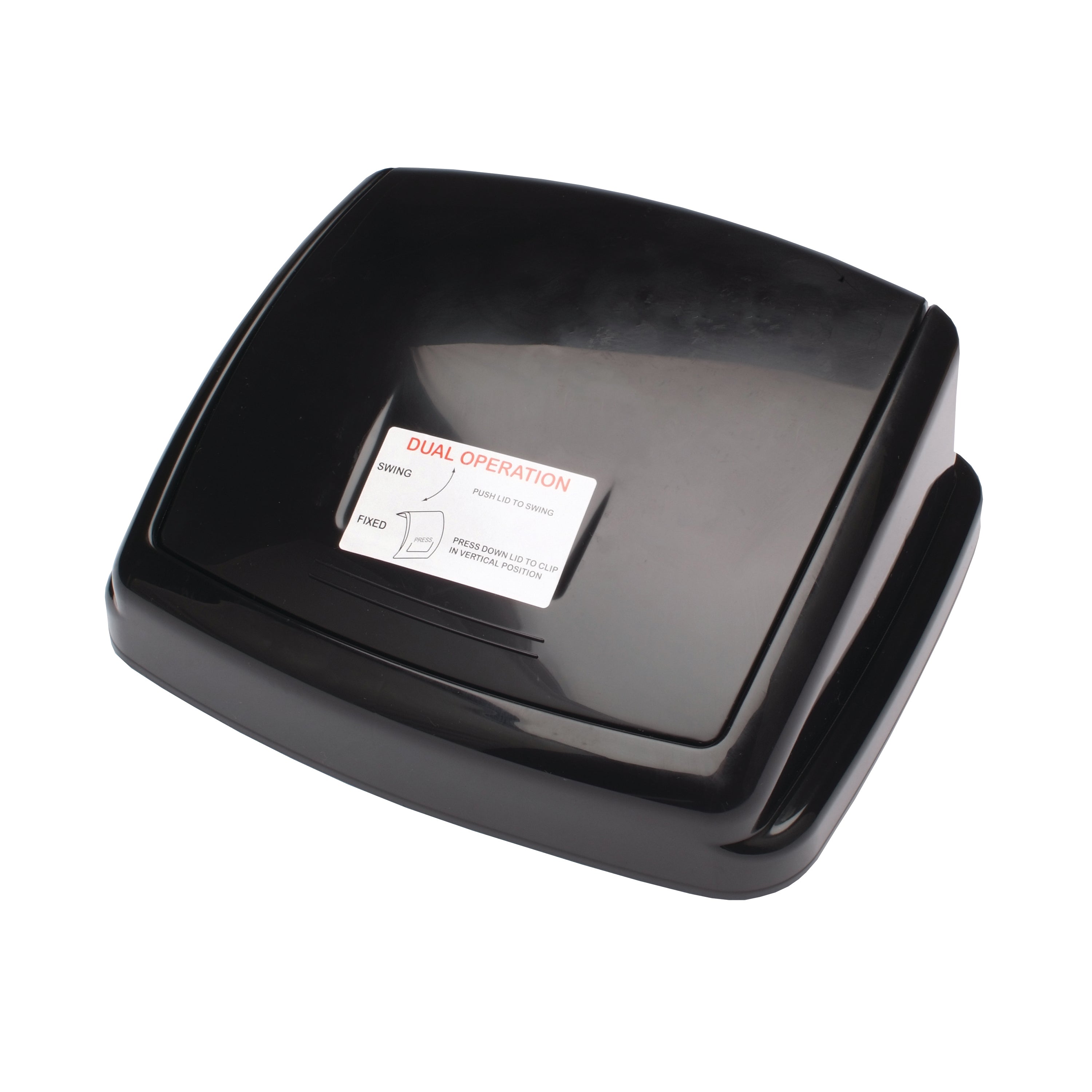 A black plastic 2Work swing bin with a lid.