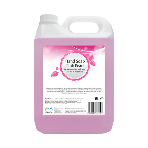 A 5-litre bottle of 2Work pink pearl hand soap.