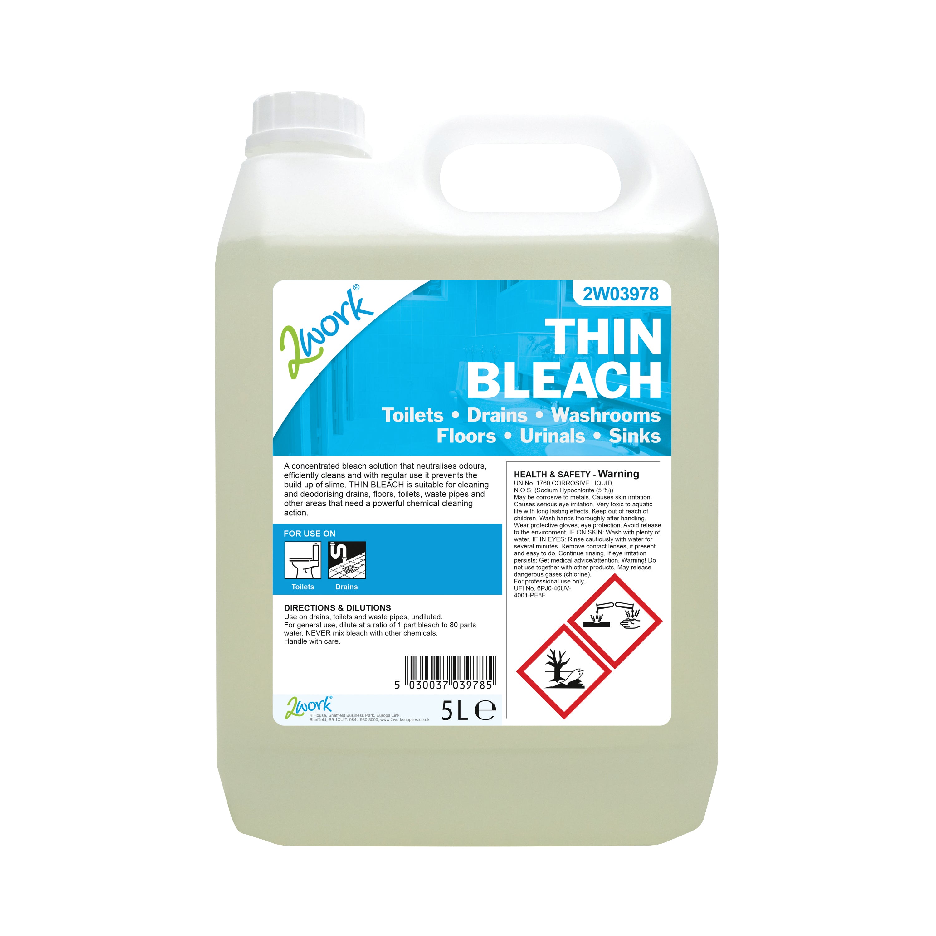 A 5-litre bottle of 2Work thin bleach.