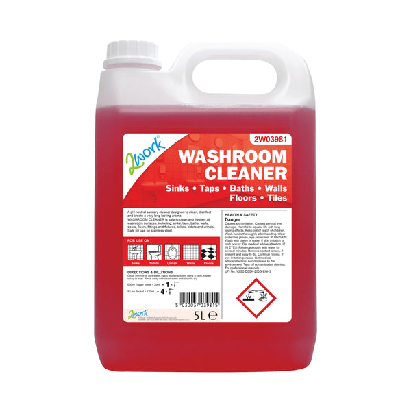 A 5-litre bottle of 2Work odourless washroom cleaner concentrate.