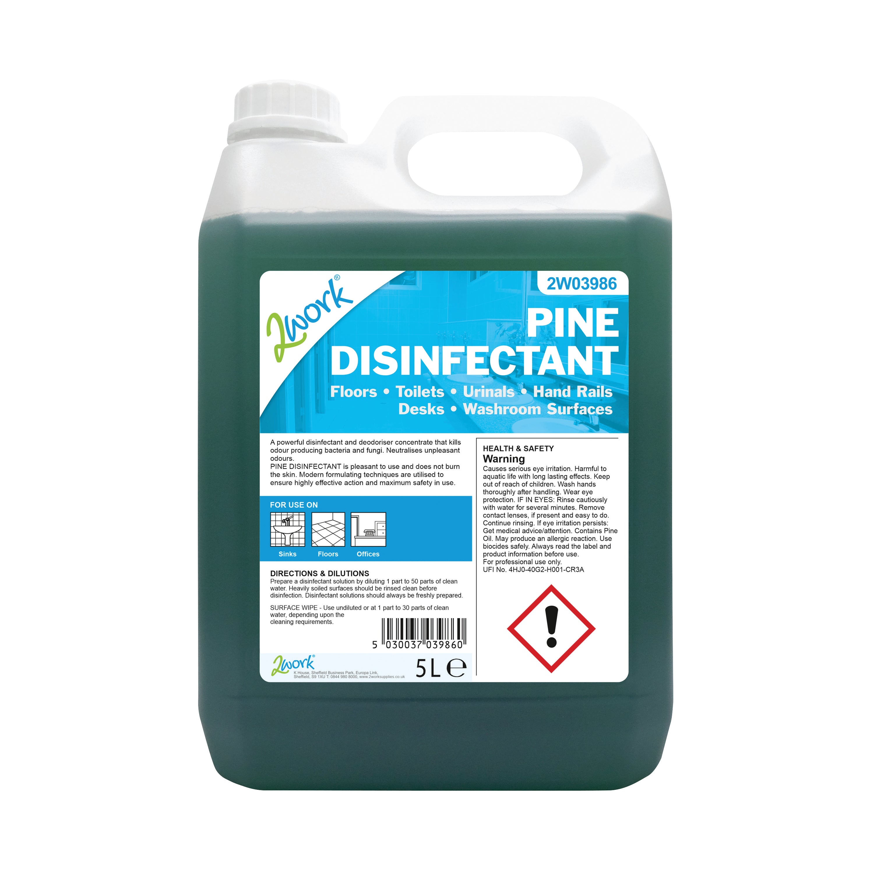 A 5-litre bottle of 2Work fresh pine disinfectant and deodoriser.