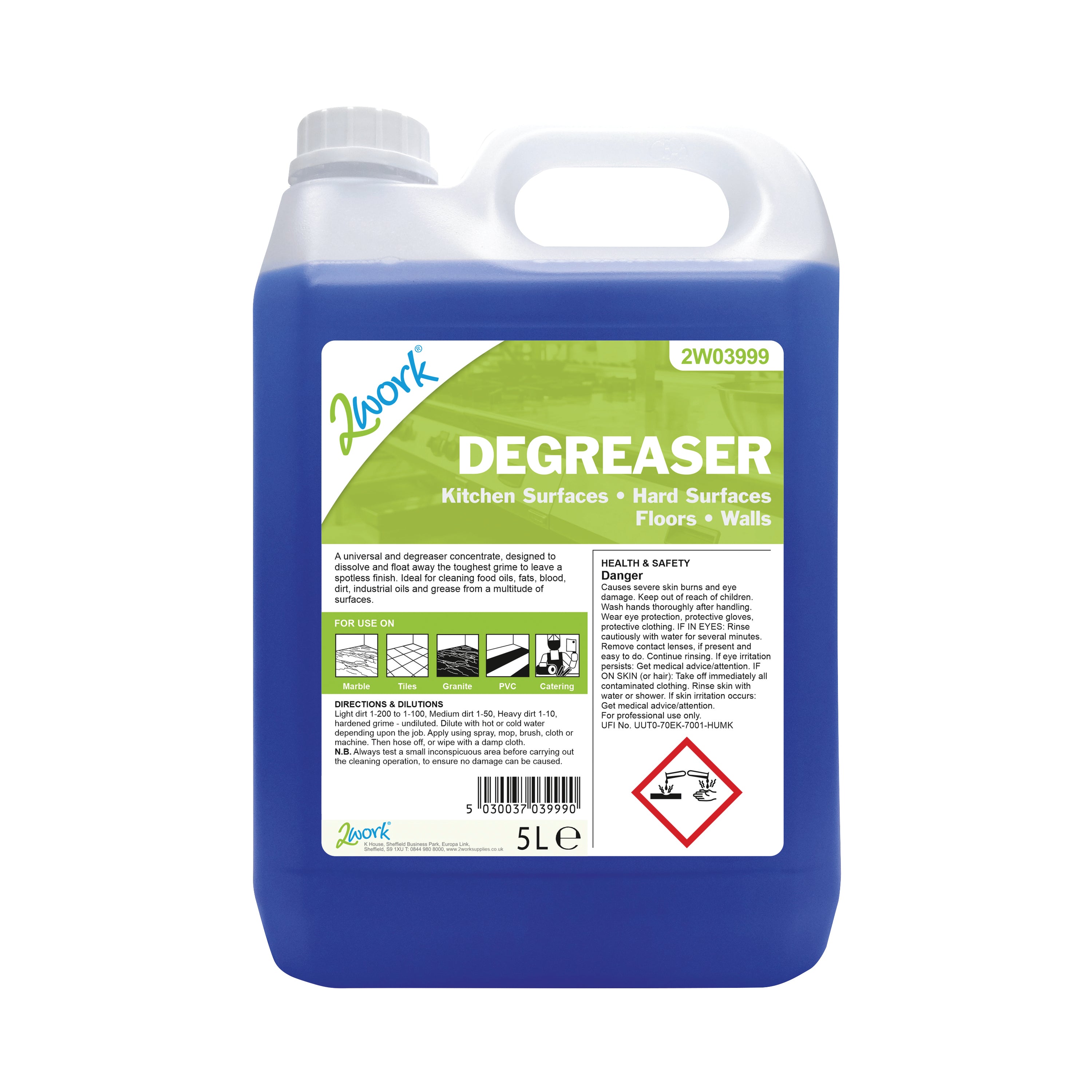 A 5-litre bottle of 2Work kitchen cleaner and degreaser.
