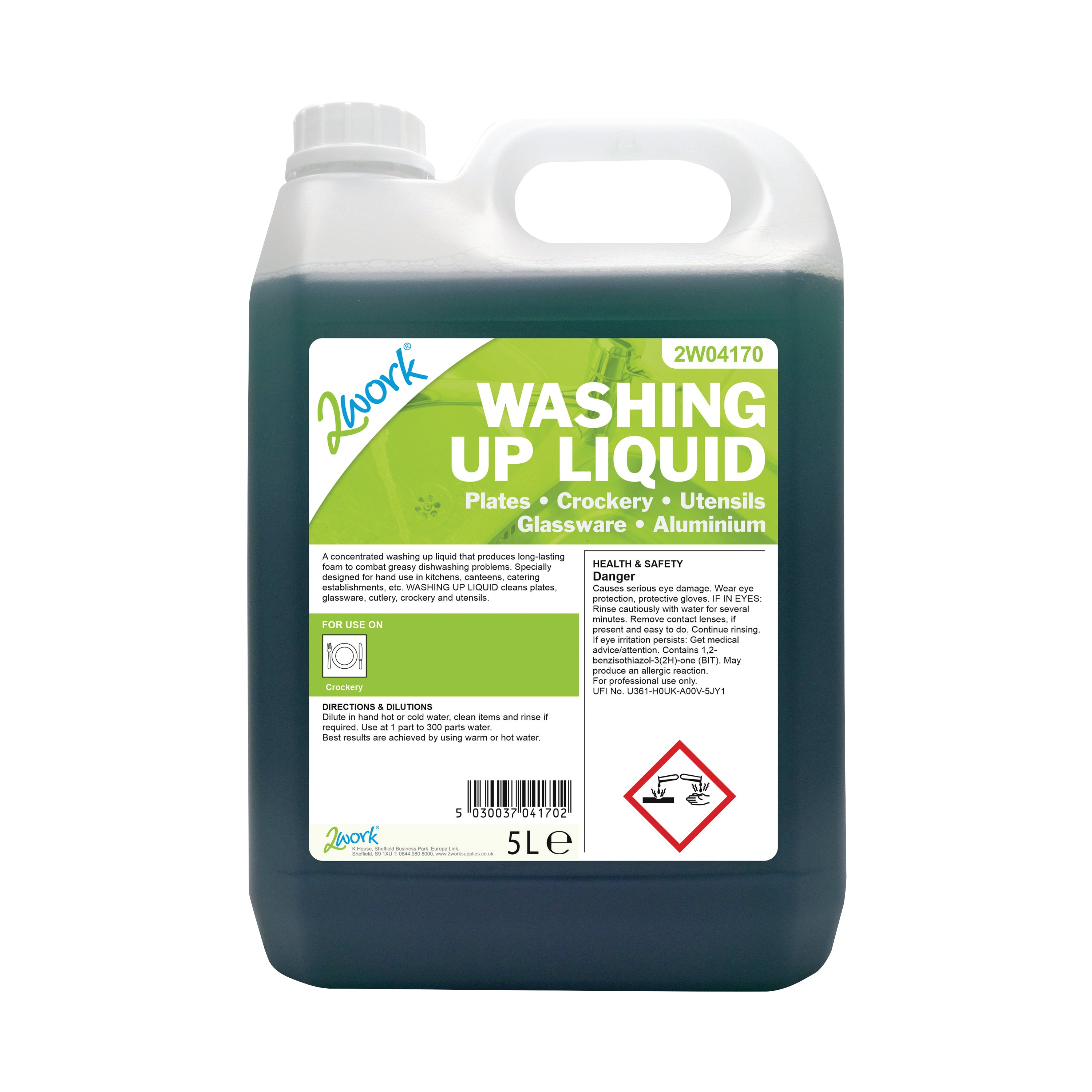 A 5-litre bottle of 2Work fresh-scented washing up liquid.