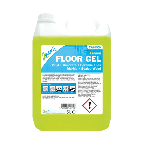 A 5-litre bottle of 2Work lemon floor gel concentrate.