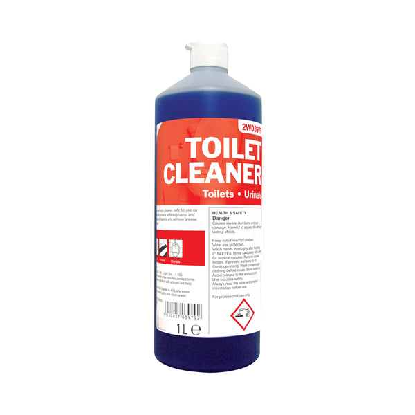 A pack of 12 1-litre bottles of 2Work daily perfumed toilet cleaner.