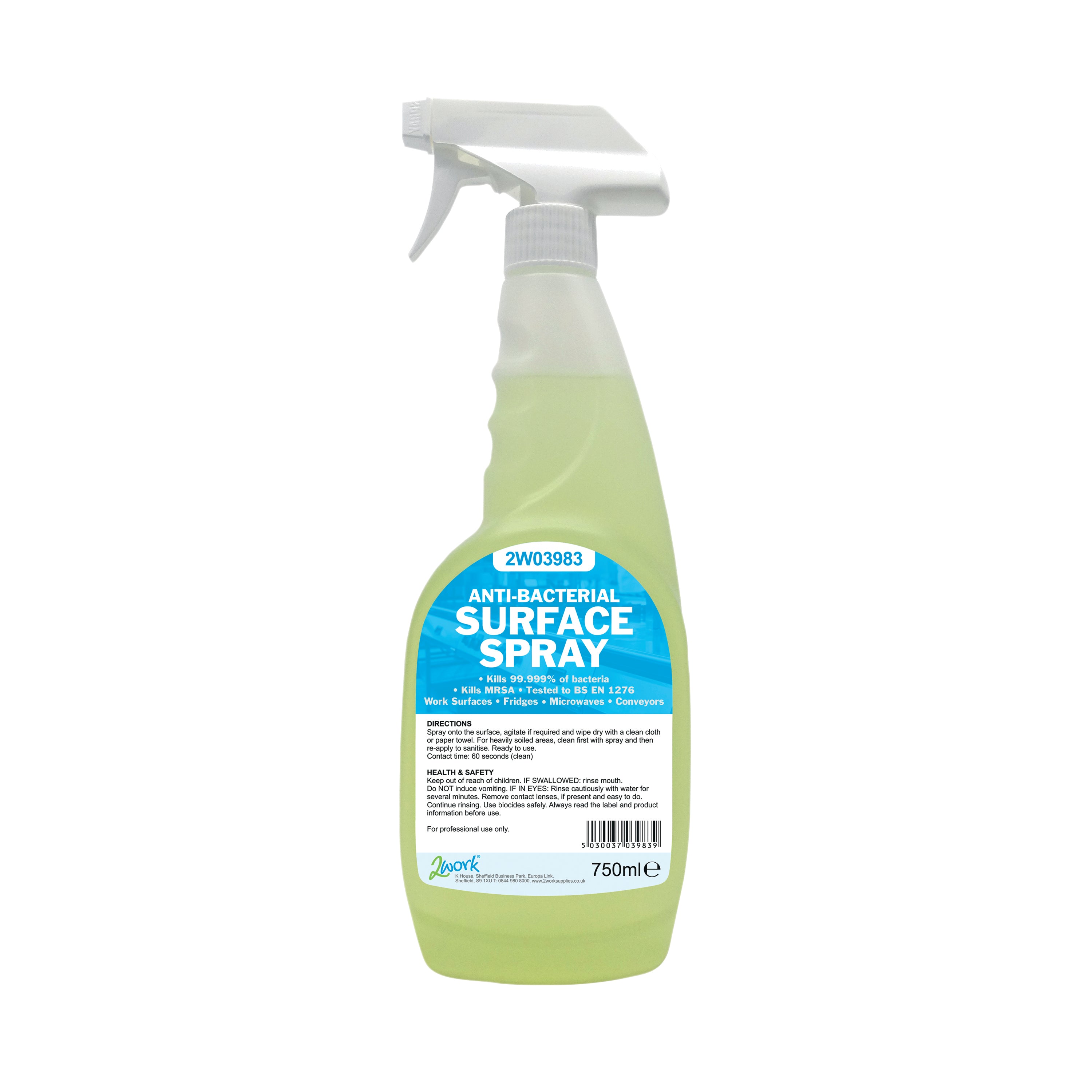 A pack of 6 750ml bottles of 2Work antibacterial surface spray.
