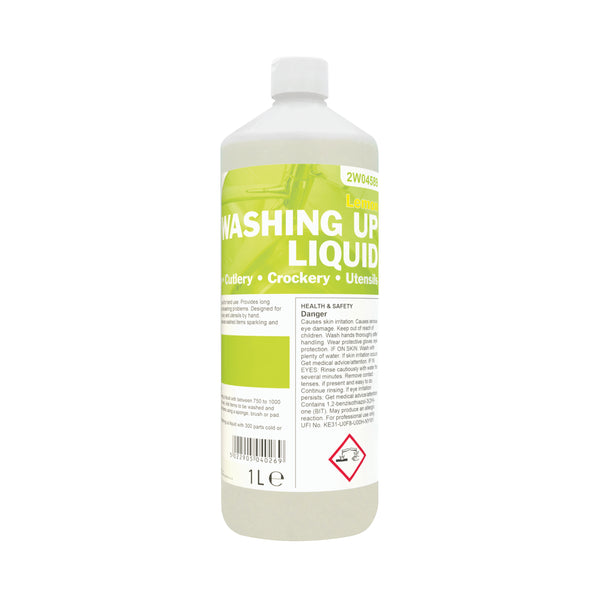 A 1-litre bottle of 2Work lemon fragrance washing up liquid concentrate.