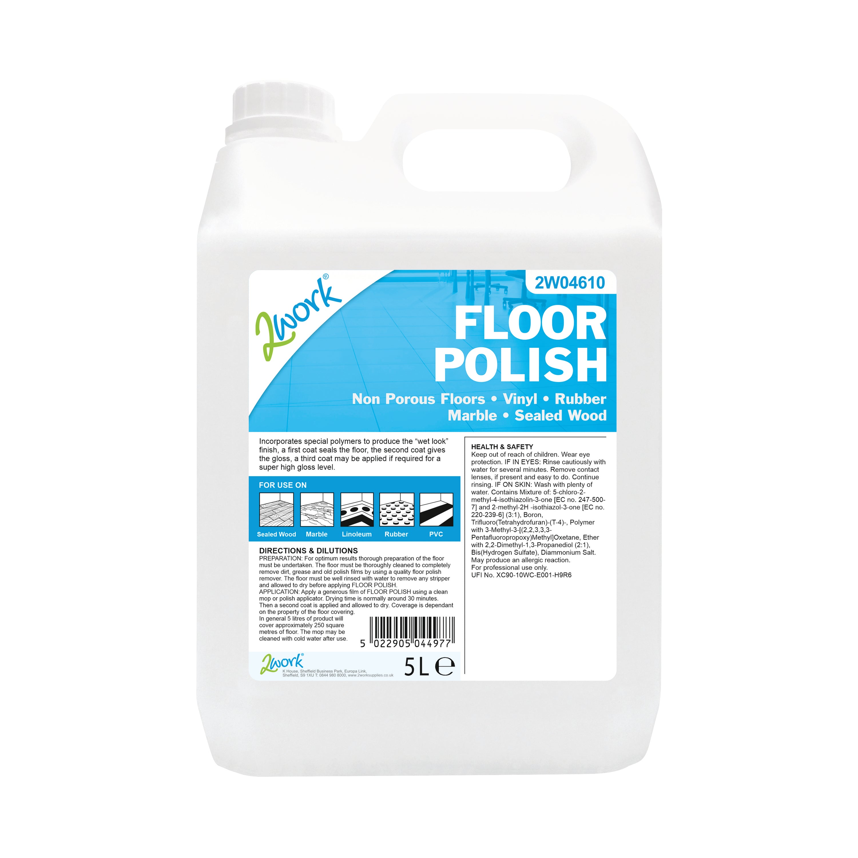 A 5-litre bottle of 2Work floor polish.