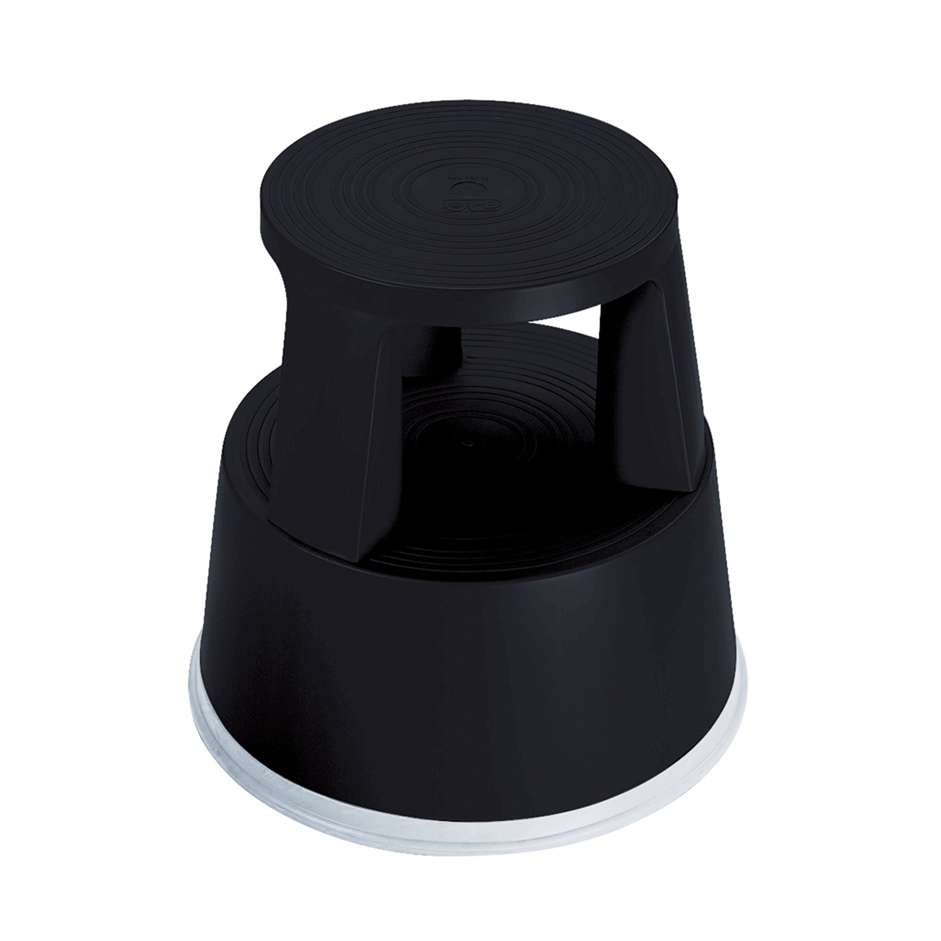A black 2Work plastic step stool with a non-slip rubber base.