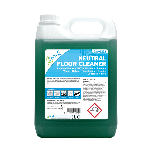 A 5-litre bottle of 2Work neutral floor cleaner with lemon fragrance.