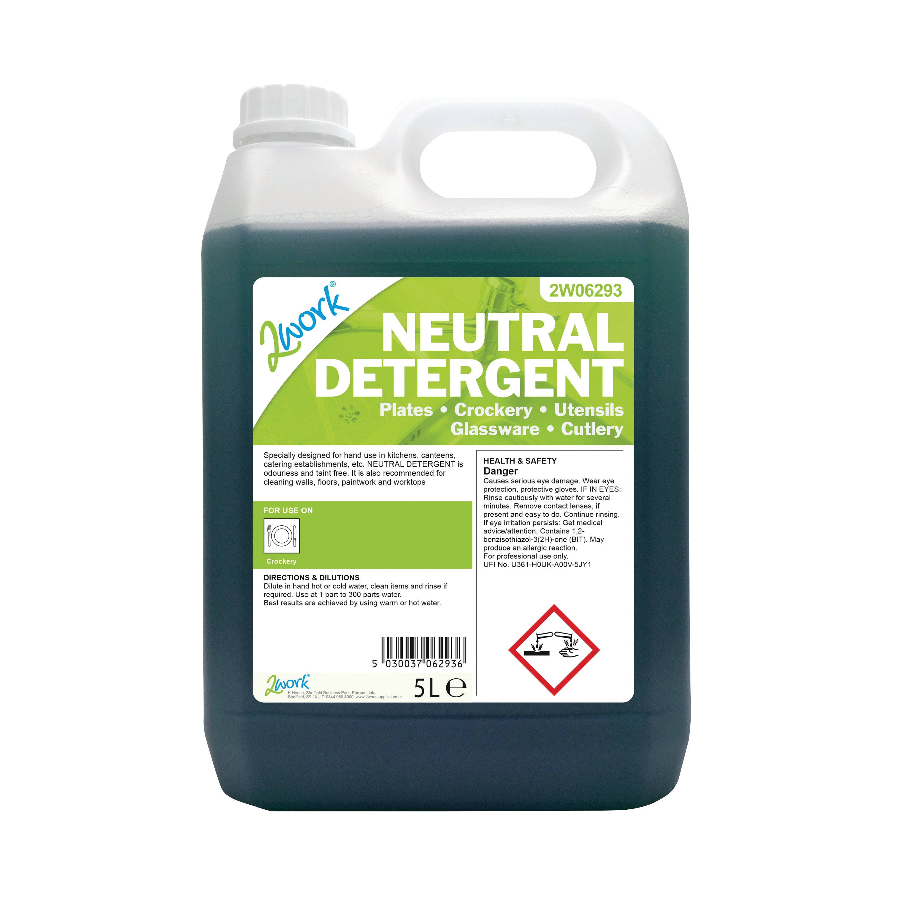 A 5-litre bottle of 2Work neutral dishwashing detergent liquid.