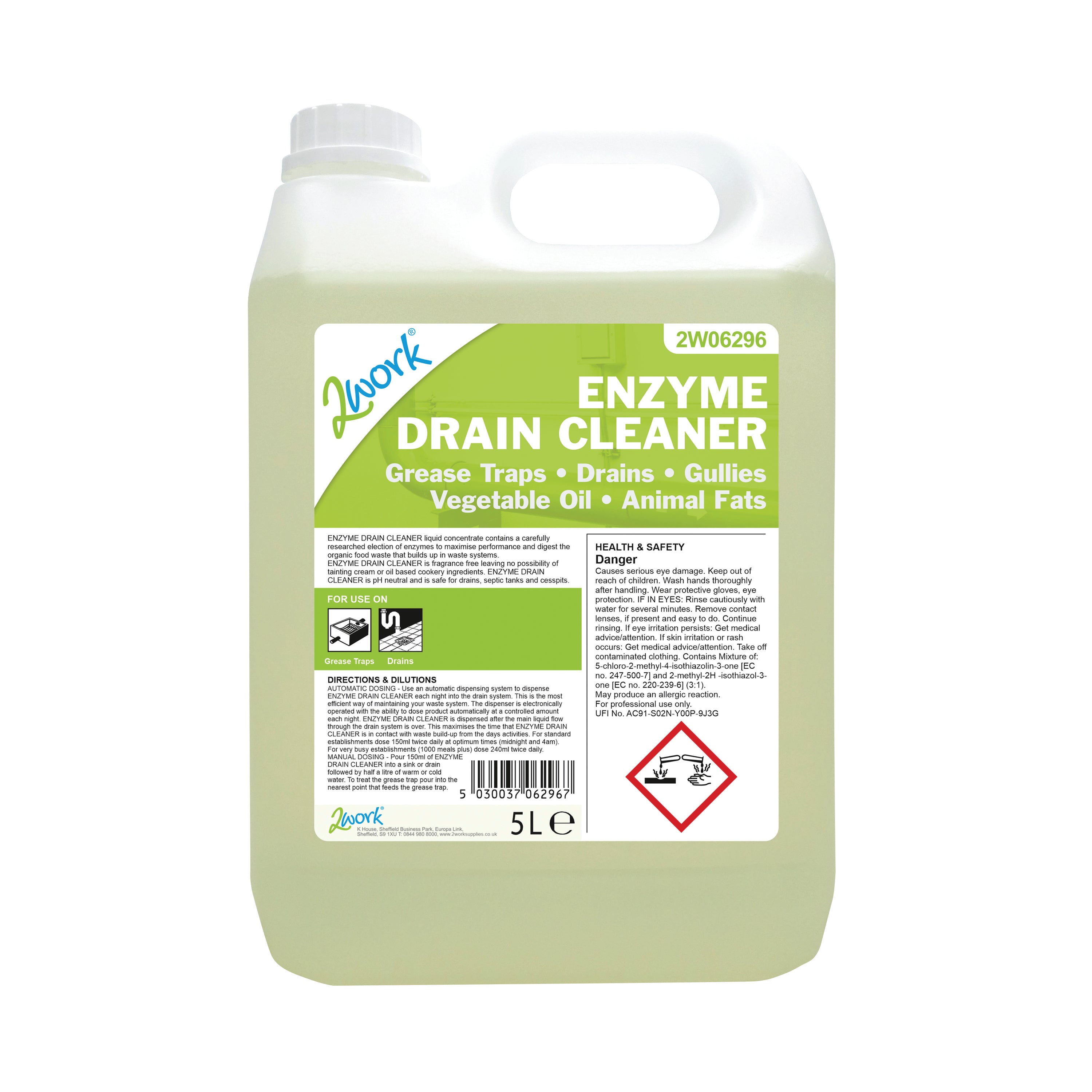 A 5-litre bottle of 2Work enzyme-based drain cleaner.
