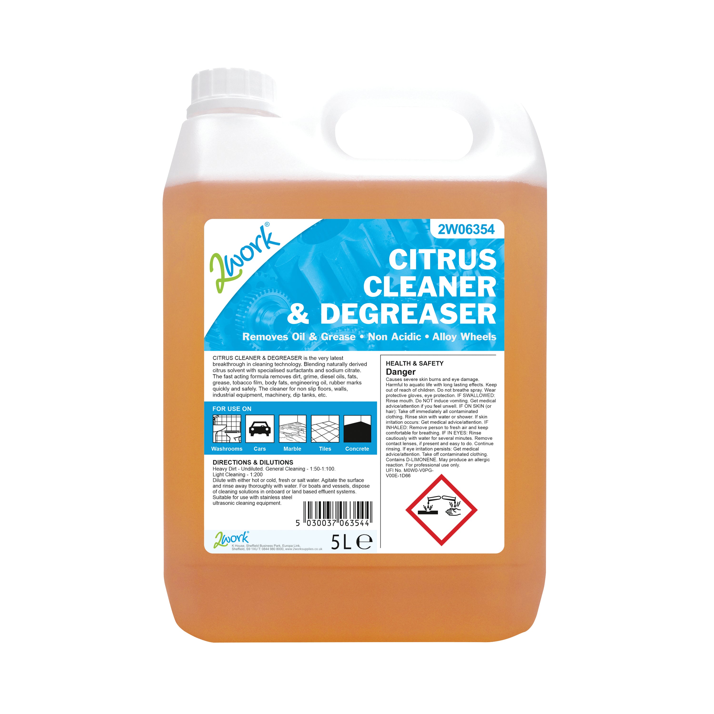 A 5-litre bottle of 2Work citrus cleaner and degreaser.