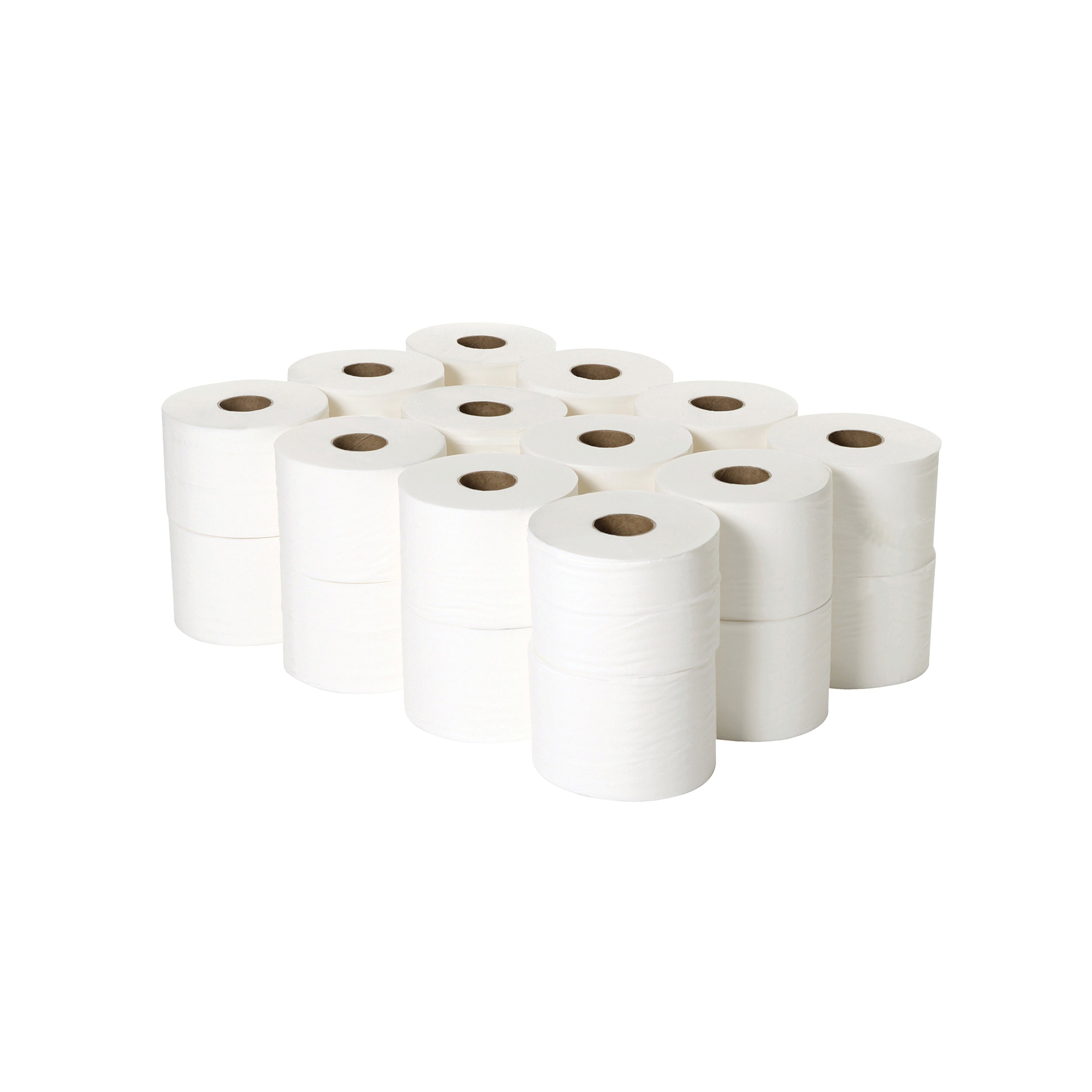 A pack of 24 white 2-ply micro twin 2Work toilet rolls.