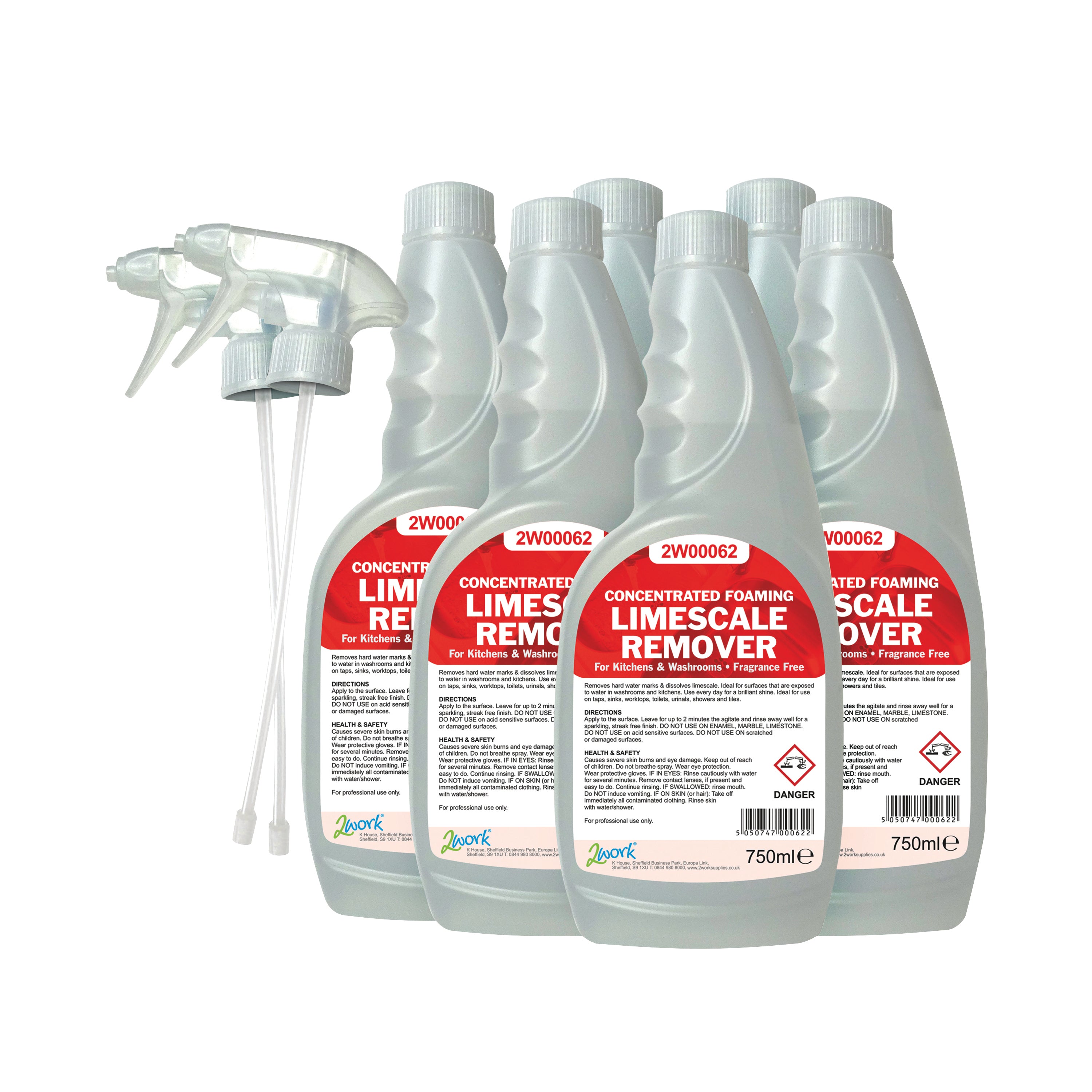 A pack of 6 750ml bottles of 2Work limescale remover trigger spray.