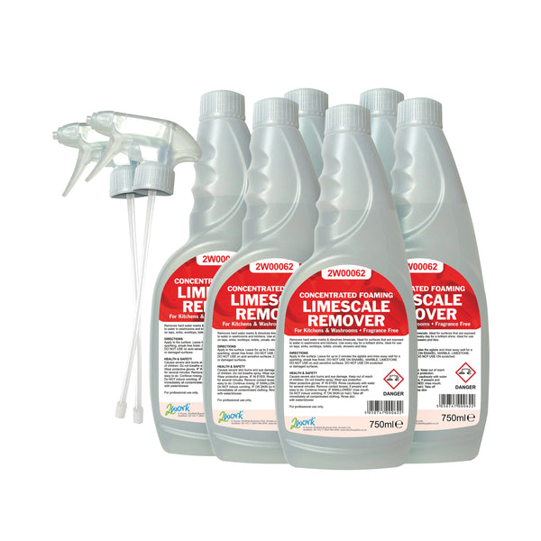 A pack of 6 750ml bottles of 2Work limescale remover trigger spray.