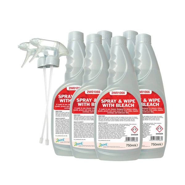 A pack of 6 750ml bottles of 2Work spray and wipe with bleach.