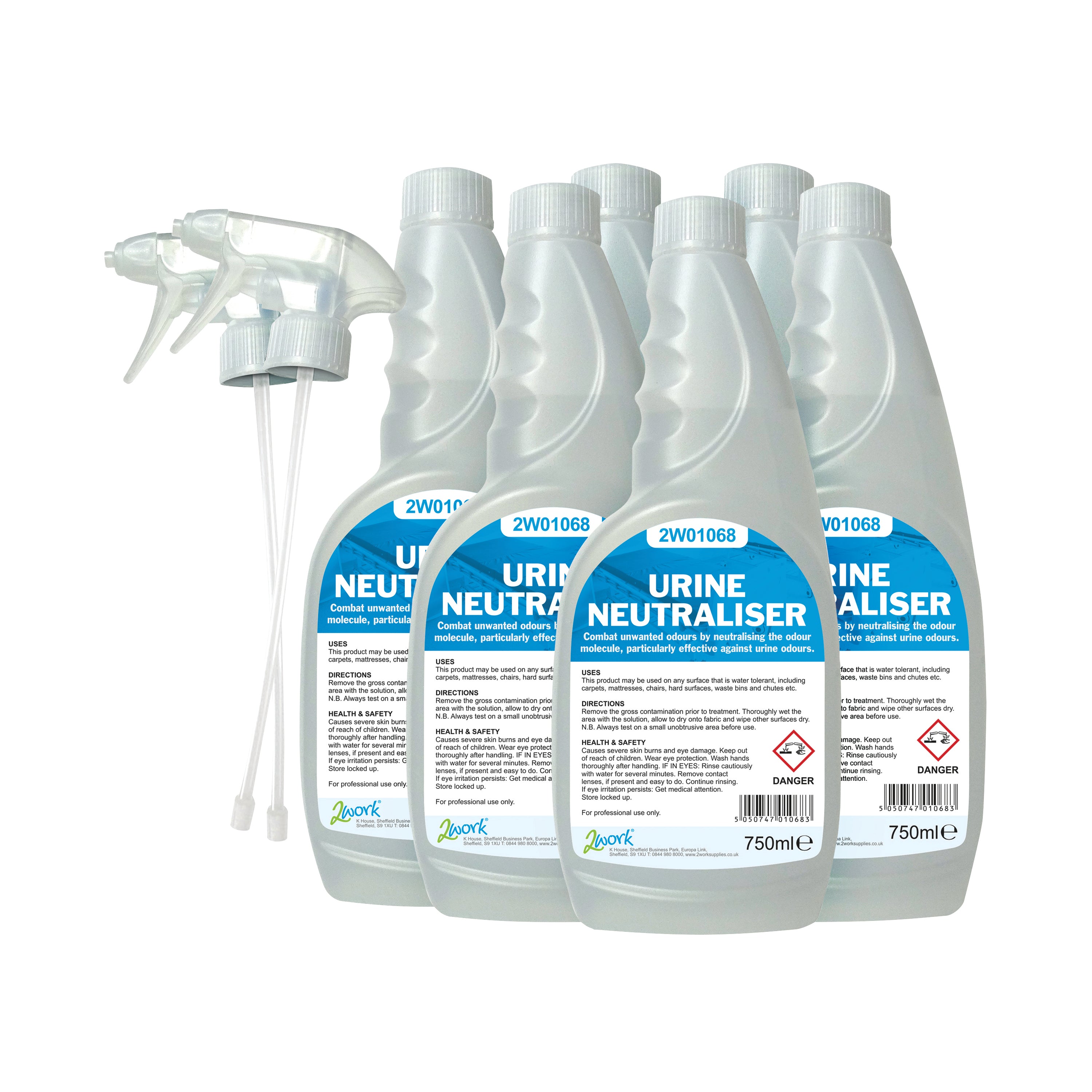 A pack of 6 750ml bottles of 2Work urine neutraliser trigger spray.
