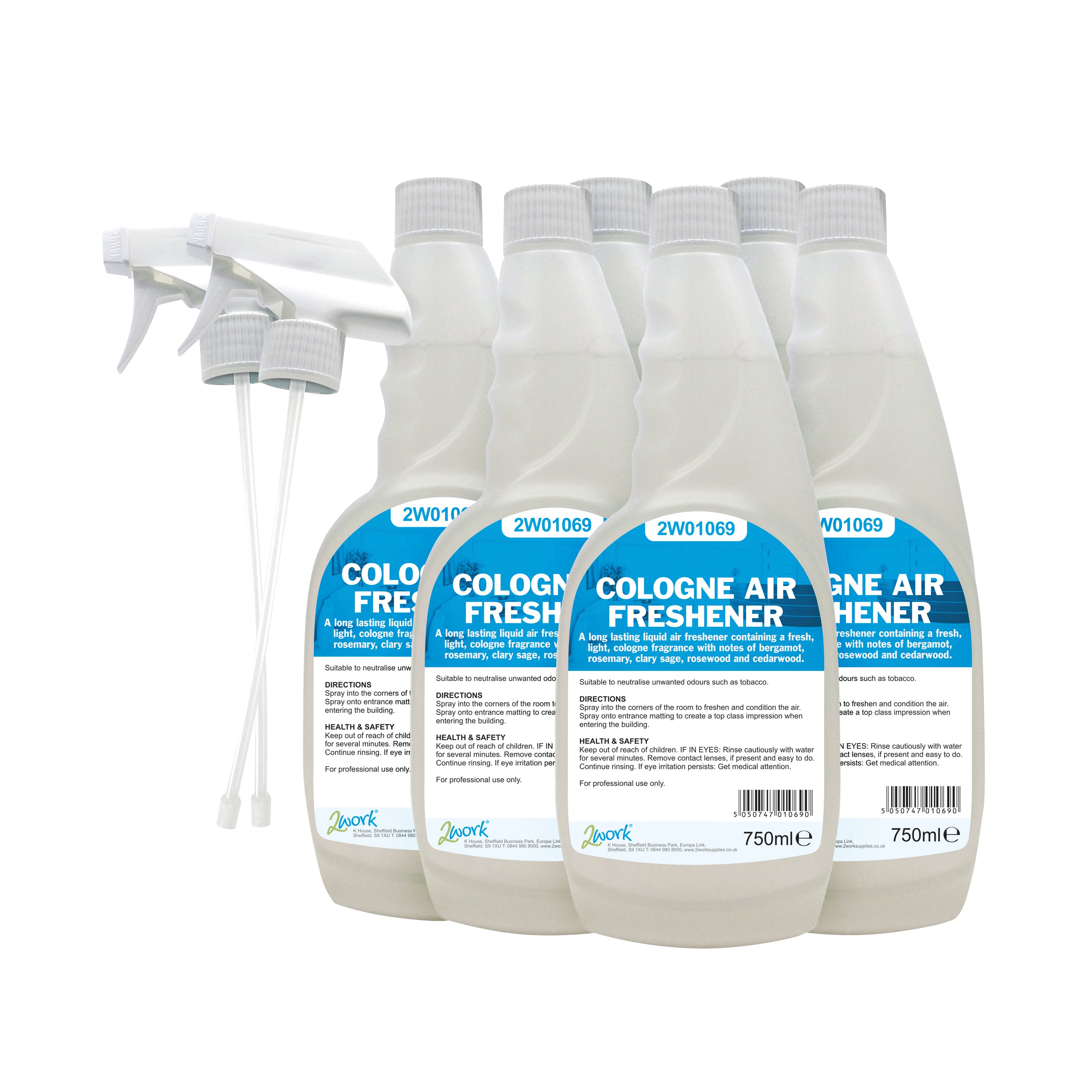 A pack of 6 750ml bottles of 2Work cologne air freshener trigger spray.