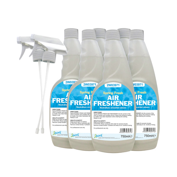 A pack of 6 750ml bottles of 2Work spring air freshener trigger spray.