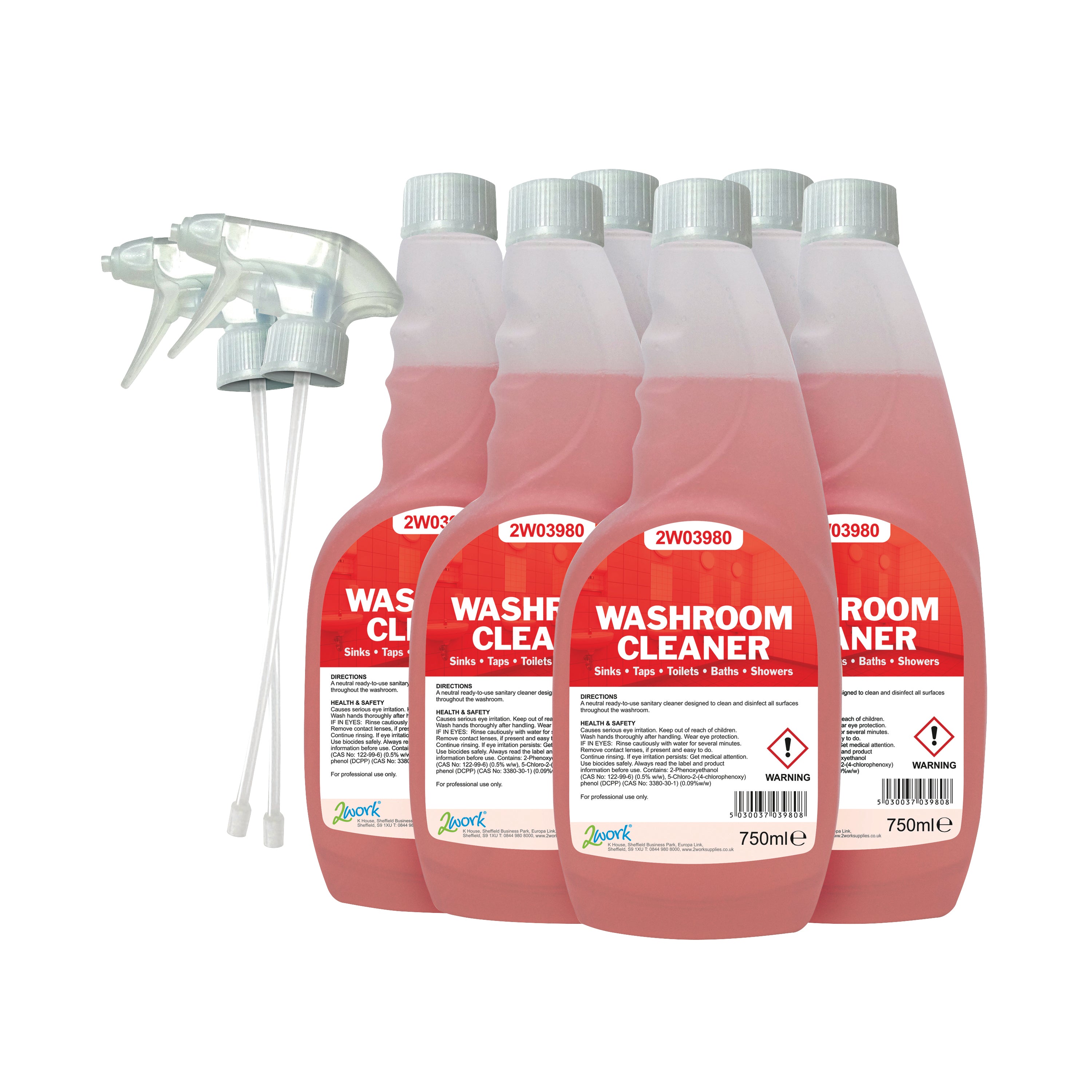 A pack of 6 750ml bottles of 2Work washroom cleaner trigger spray.