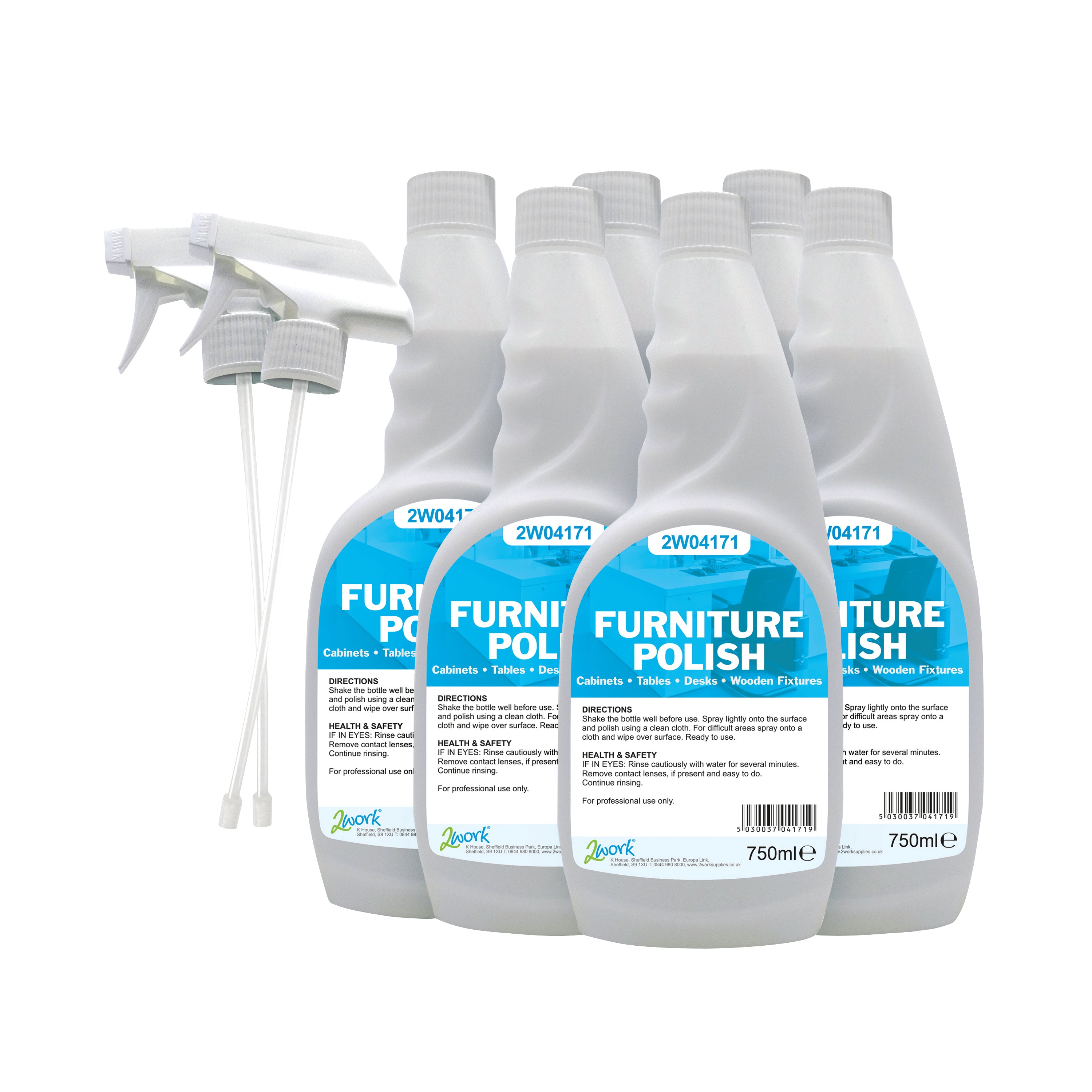 A pack of 6 750ml bottles of 2Work furniture polish trigger spray.